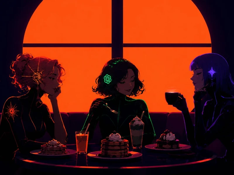 Three friends sit at a neon-lit cafe table, each with a dessert and a drink, silhouetted against a large orange window.