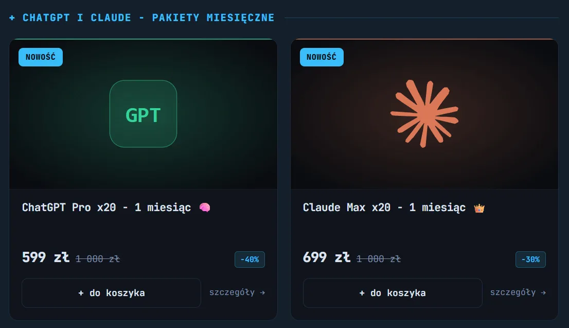 Sklep Kinetyka - plany Claude Max i ChatGPT Pro