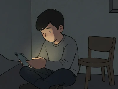 A person sitting cross‑legged on the floor, lit by their phone screen, in a dim bedroom with a chair nearby.