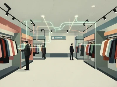Interior of a clothing store with racks of jackets and suits on both sides, two shoppers browsing under neon light tubes in a modern boutique setting.