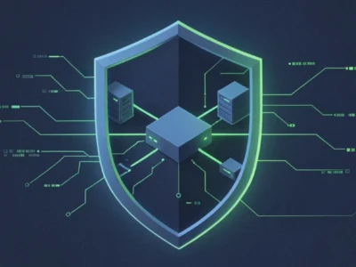 Shielded data center: isometric shield surrounding servers and glowing green circuit lines, symbolizing cybersecurity and data protection.