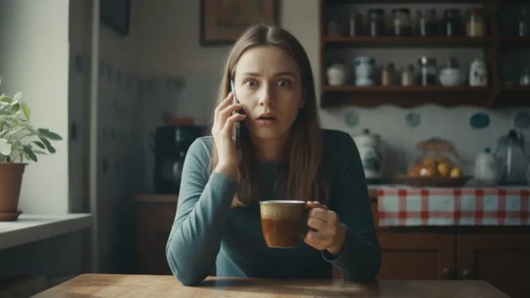 Zaskoczona kobieta rozmawiająca przez telefon komórkowy przy stole w kuchni.