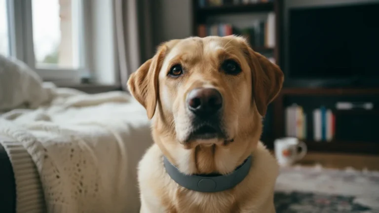 Golden retriever w niebieskiej obroży siedzi w pokoju i patrzy w obiektyw.