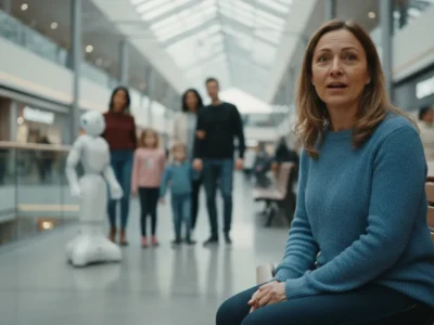 Woman in a blue sweater sits on a wooden bench in a bright mall, with a friendly white robot and shoppers blurred in the background.