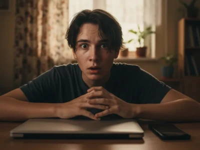 Young man sits at a table with a closed laptop and a smartphone, hands clasped, looking surprised.