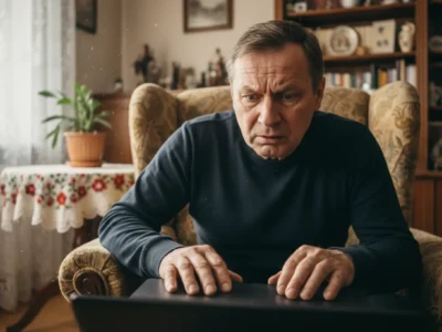 A middle-aged man in a dark sweater sits in a patterned armchair, looking at a laptop with a worried expression in a cozy living room setting.