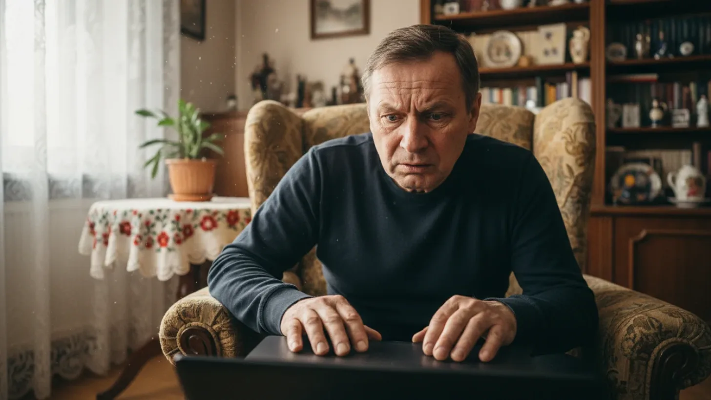 A middle-aged man in a dark sweater sits in a patterned armchair, looking at a laptop with a worried expression in a cozy living room setting.
