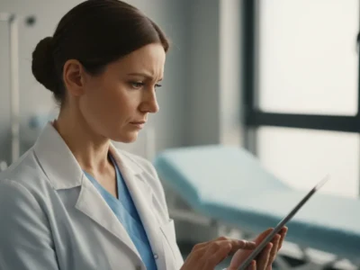 AI skraca dokumentację lekarza o 80 proc Gorzej gdy pomyli lek pacjenta - Promptowy Female doctor in a white coat using a tablet in a medical clinic setting