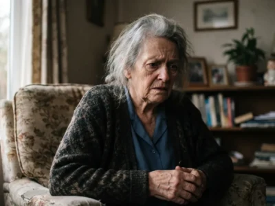 99 eksperymentalnych leków na Alzheimera zawodzi AI może odwrócić ten trend - Promptowy An elderly woman with gray hair sits in a floral chair by a window, looking distressed in a quiet living room.