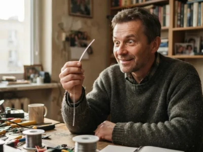 Chiny połączyły chipy światłem Komputery przyspieszyły 100 razy - Promptowy A man in a cozy workshop holds a thin wire, smiling as he works at a cluttered electronics desk with tools and spools nearby.