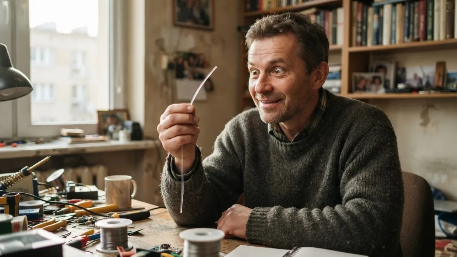 A man in a cozy workshop holds a thin wire, smiling as he works at a cluttered electronics desk with tools and spools nearby.