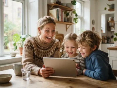 AI za darmo dla każdego Który kraj wprowadza to jako pierwszy - Promptowy Woman and two children smile at a tablet on a wooden kitchen table, enjoying a shared moment.