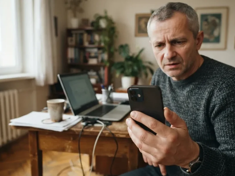 Man sits at a wooden desk in a cozy home office, looking at his smartphone.