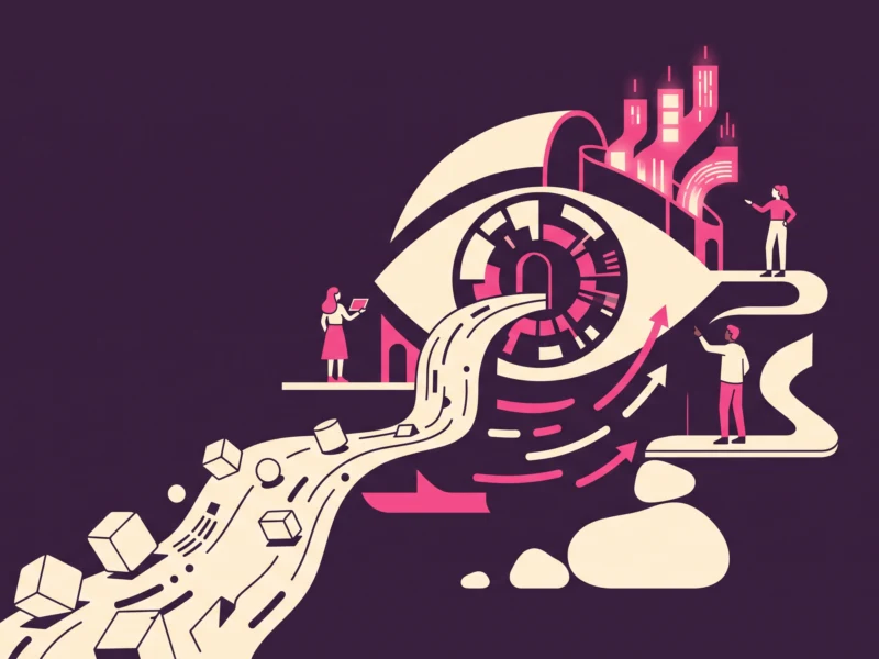 Abstract illustration of a large eye with a winding path, pink city silhouettes, and people exploring ideas against a dark purple background.