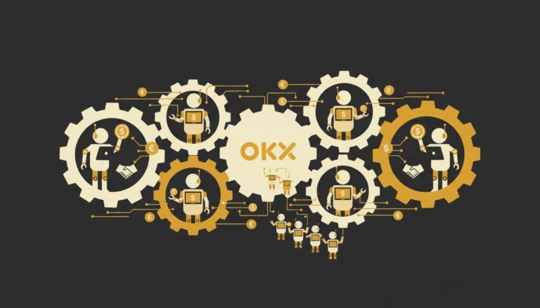 Zębatki z robotami i ludźmi wymieniającymi pieniądze wokół koła z logo OKX