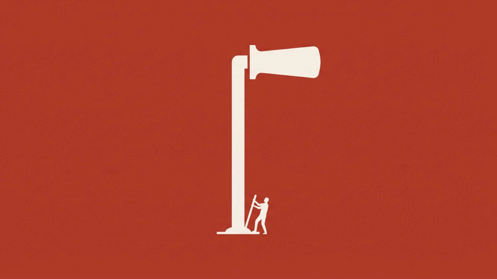 Hamulec - Promptowy Minimalist white illustration of a tall flagpole with a curved flag at the top, while two workers stand at the base on a red background.