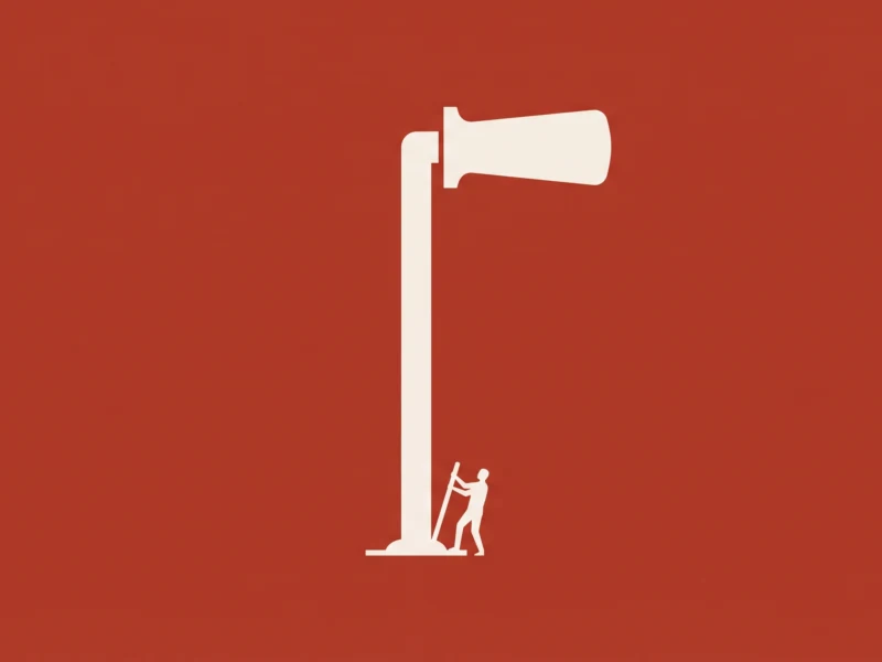 Minimalist white illustration of a tall flagpole with a curved flag at the top, while two workers stand at the base on a red background.