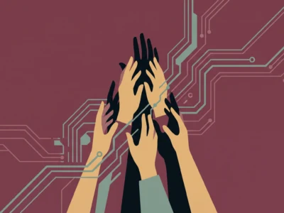 Several hands of different skin tones are raised together against a maroon background with circuit patterns, symbolizing teamwork in tech.