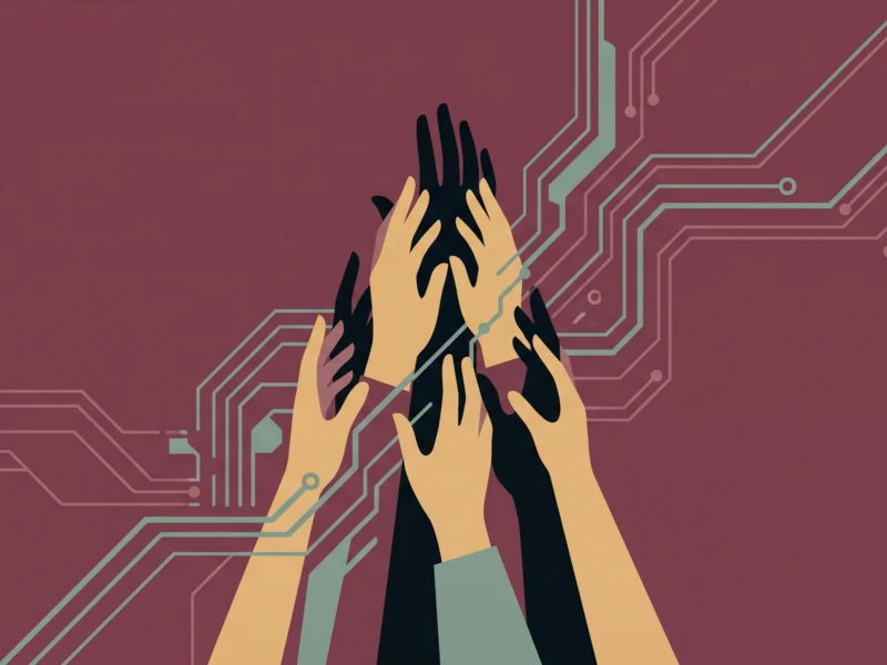 Several hands of different skin tones are raised together against a maroon background with circuit patterns, symbolizing teamwork in tech.