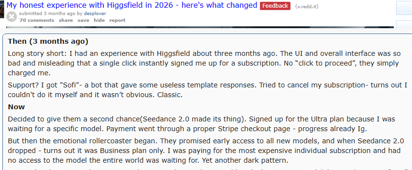 Zrzut ekranu wątku My honest experience with Higgsfield in 2026 na Reddicie