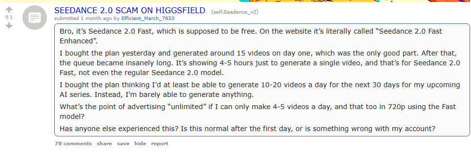 Zrzut ekranu wątku SEEDANCE 2.0 SCAM ON HIGGSFIELD na Reddicie