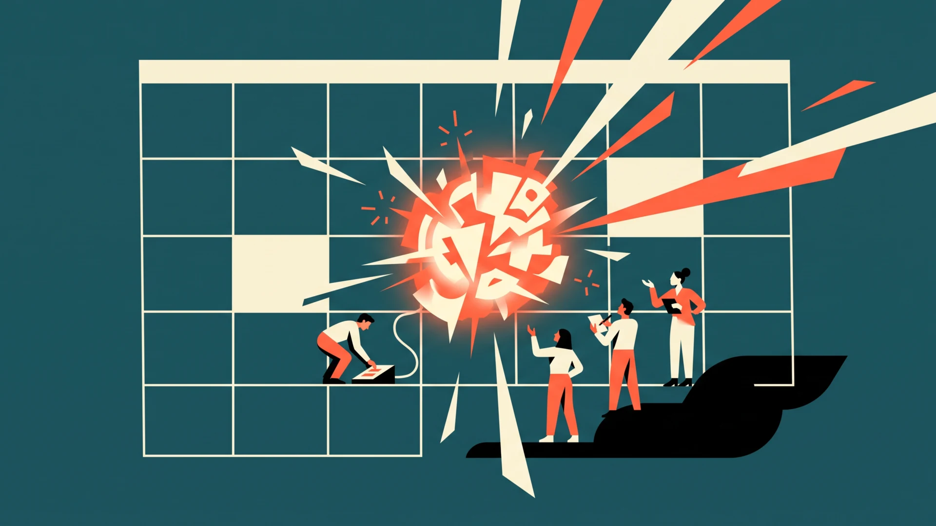 Abstract illustration of a team of people in orange and white reacting to a large explosion bursting from a grid-like blueprint.