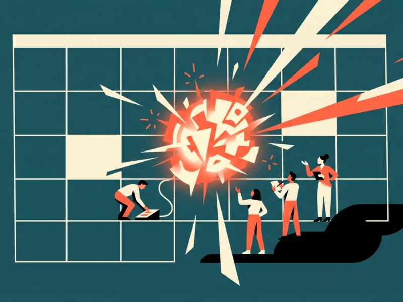 Abstract illustration of a team of people in orange and white reacting to a large explosion bursting from a grid-like blueprint.