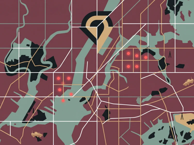 Abstract map with white and orange roads on teal landmasses over a maroon background, plus red location dots.
