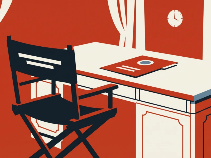 Minimalist illustration of a dark chair at a desk in a red room with a wall clock on the right.