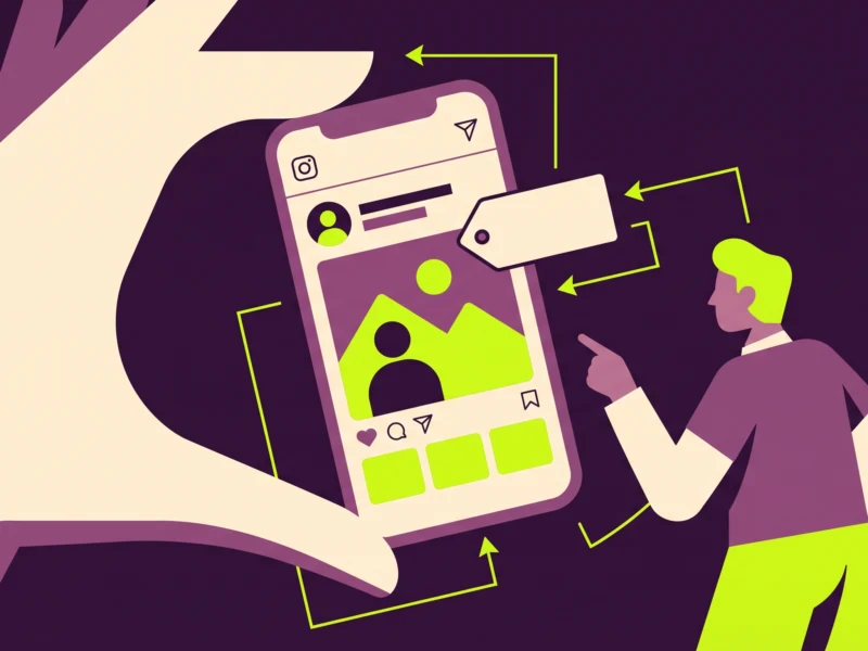 Person showing a smartphone screen displaying a social media feed with a post and avatar, in lime and purple tones.