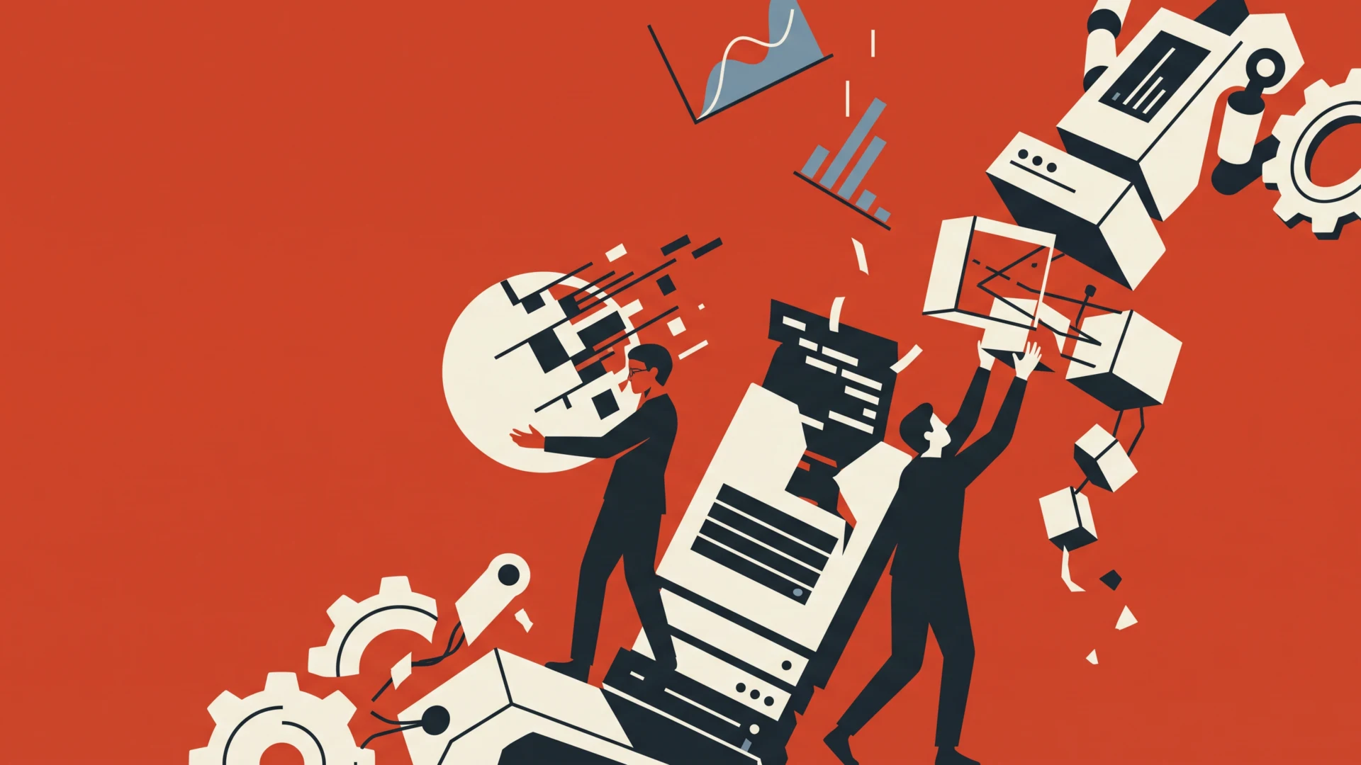 Abstract orange illustration showing people collaborating to assemble large gears, blocks, and electronics pieces, conveying teamwork in tech/engineering.