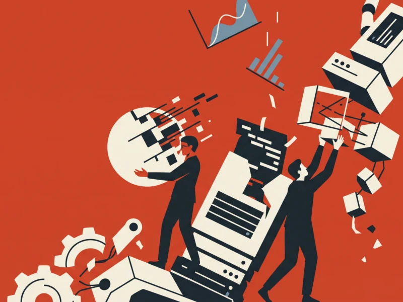 Abstract orange illustration showing people collaborating to assemble large gears, blocks, and electronics pieces, conveying teamwork in tech/engineering.