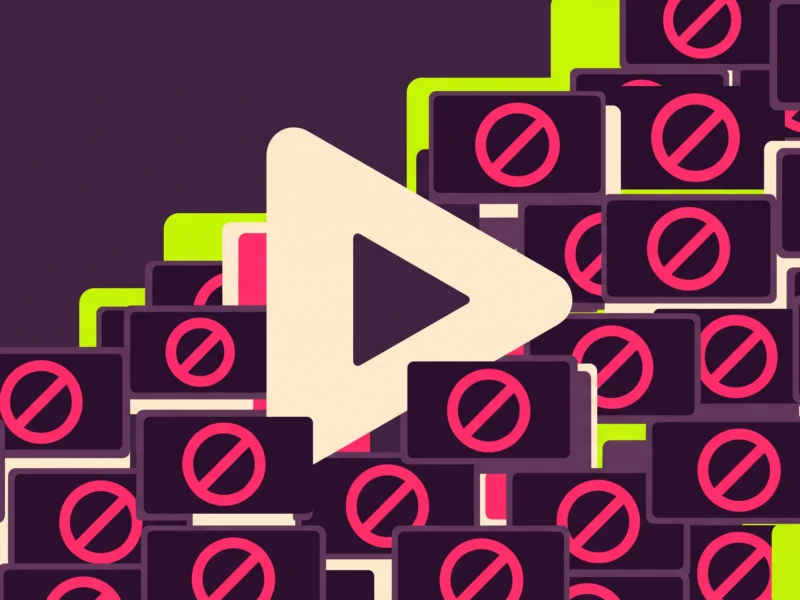 Abstract collage of dark screens with pink prohibition symbols and a large pale play button in the center.