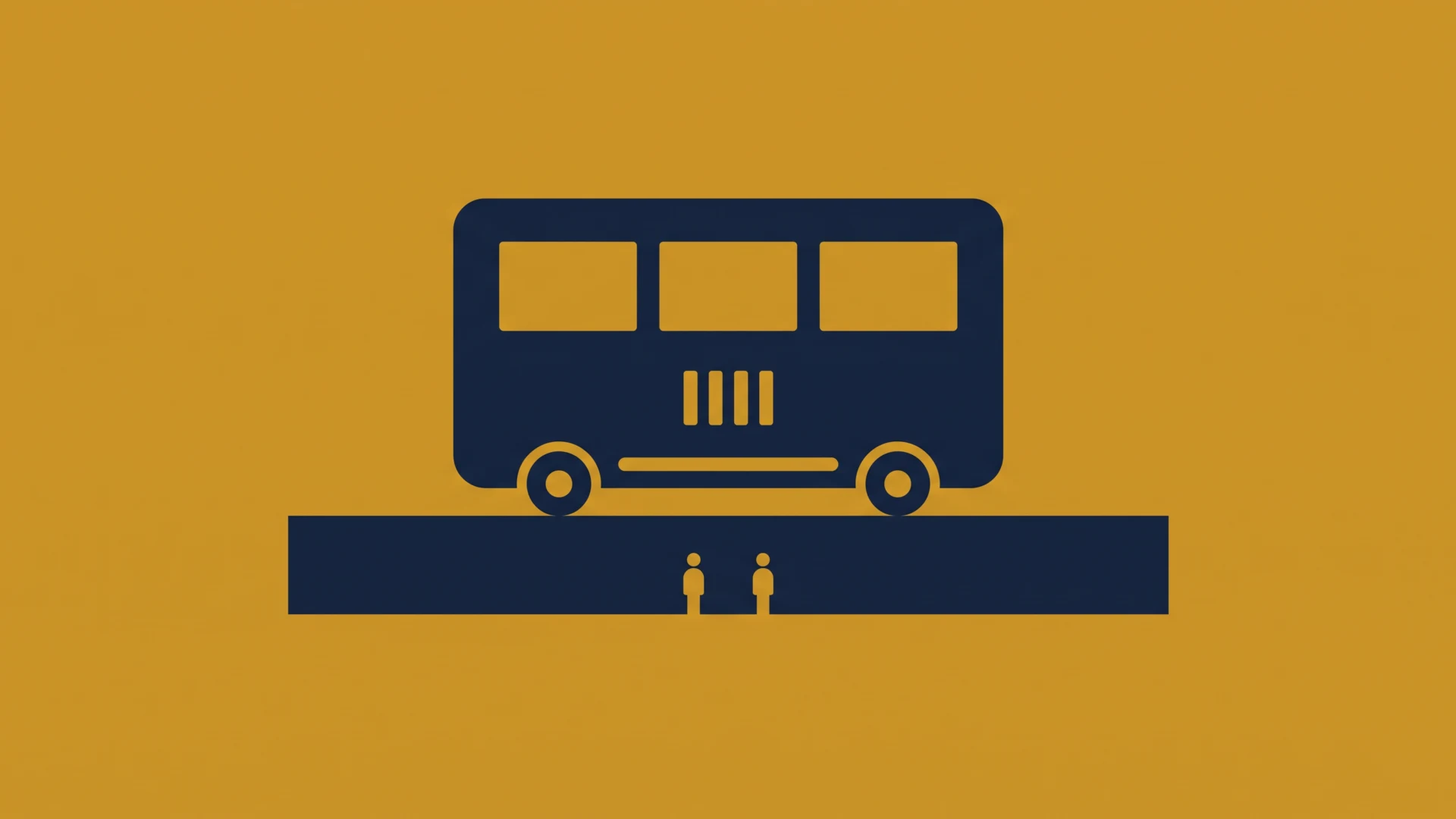 Dark blue bus icon on an orange background above a platform with two people waiting below it.