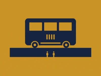 Dark blue bus icon on an orange background above a platform with two people waiting below it.