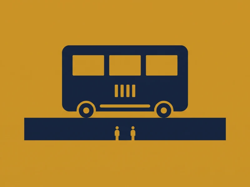 Dark blue bus icon on an orange background above a platform with two people waiting below it.