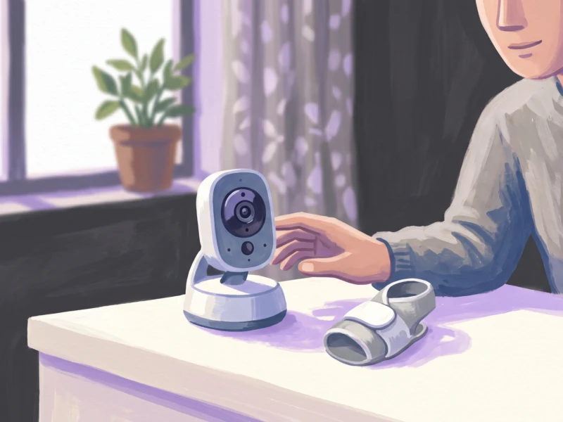 Person reaches toward a small white security camera on a stand at a table, with a potted plant and window in the background.