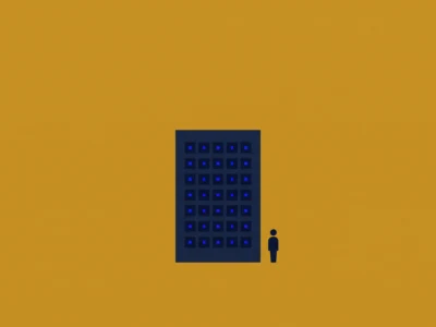 Tall dark blue building with many small blue-lit windows centered on a mustard background; a small figure stands to its right.