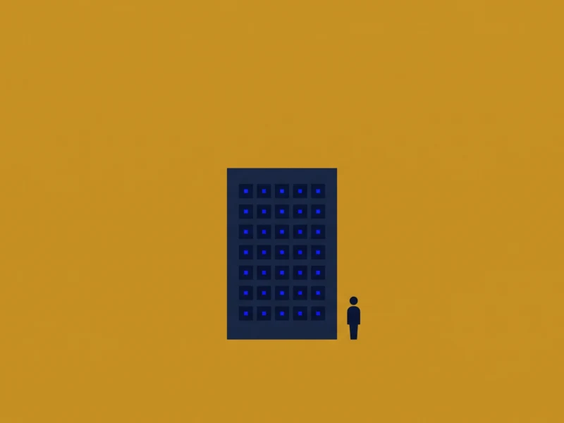 Tall dark blue building with many small blue-lit windows centered on a mustard background; a small figure stands to its right.