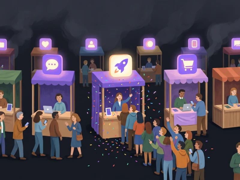 A lively market scene at night with colorful booths, people using laptops and phones, and glowing app icons above stalls, center stage with rocket icon and confetti.