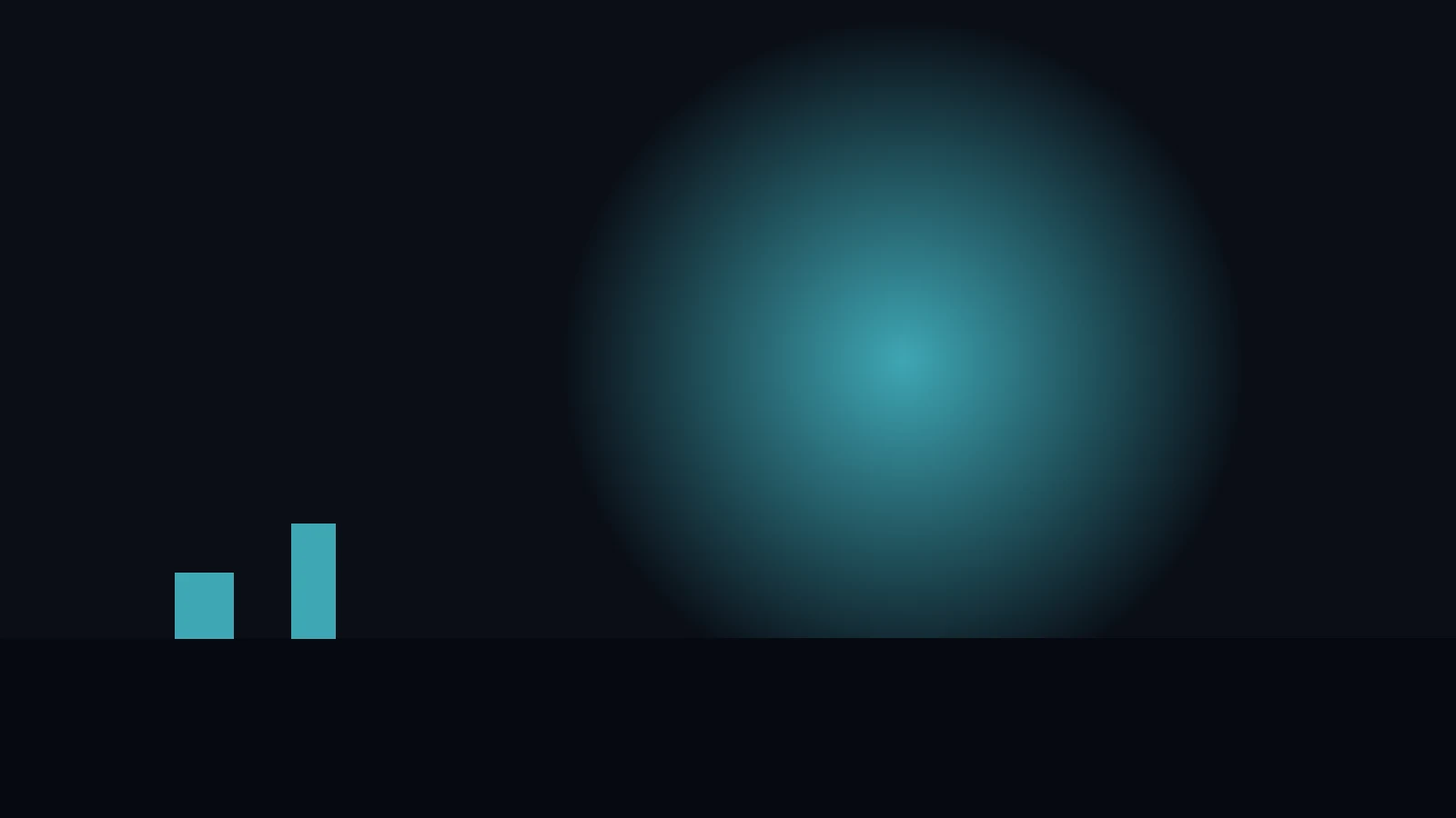 Abstract dark scene with a glowing teal orb on the right and two teal bars on the left.