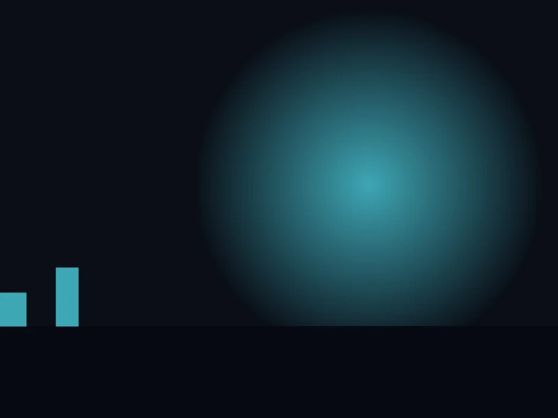Abstract dark background with a teal glowing circle on the right and two teal bars on the left, like a minimalist chart.