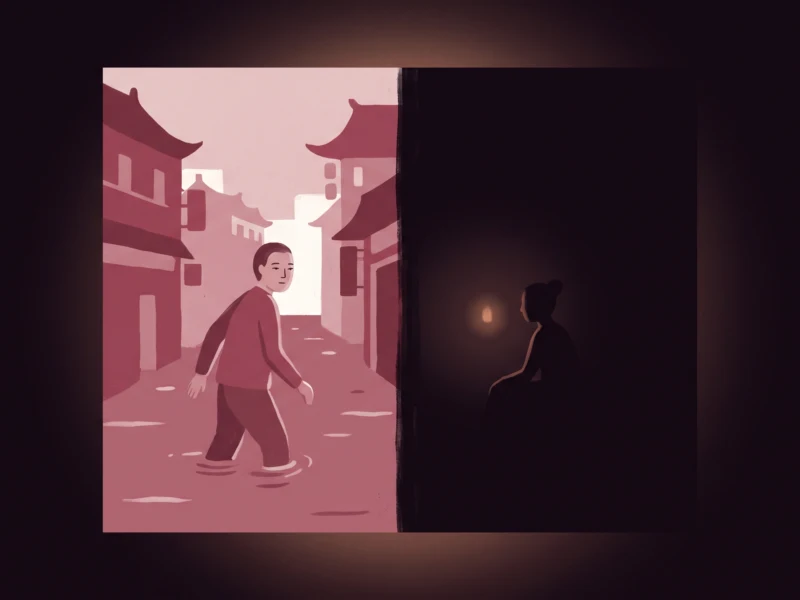 Person wades through pink floodwater in a narrow street while dark silhouette watches from a doorway on the right.