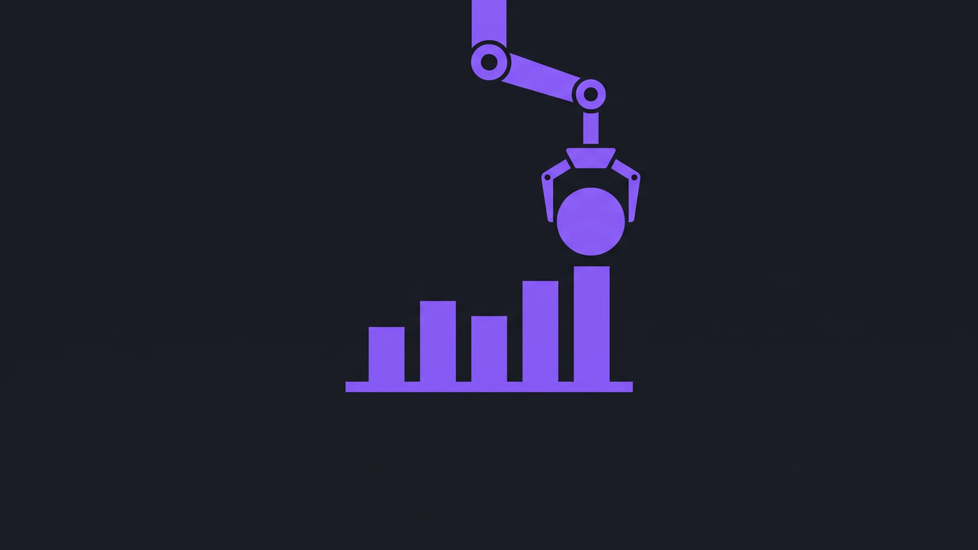 Purple robotic arm gripper above a purple bar chart on a dark background, suggesting automated data visualization