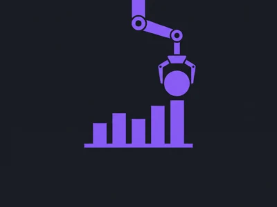 Purple robotic arm gripper above a purple bar chart on a dark background, suggesting automated data visualization