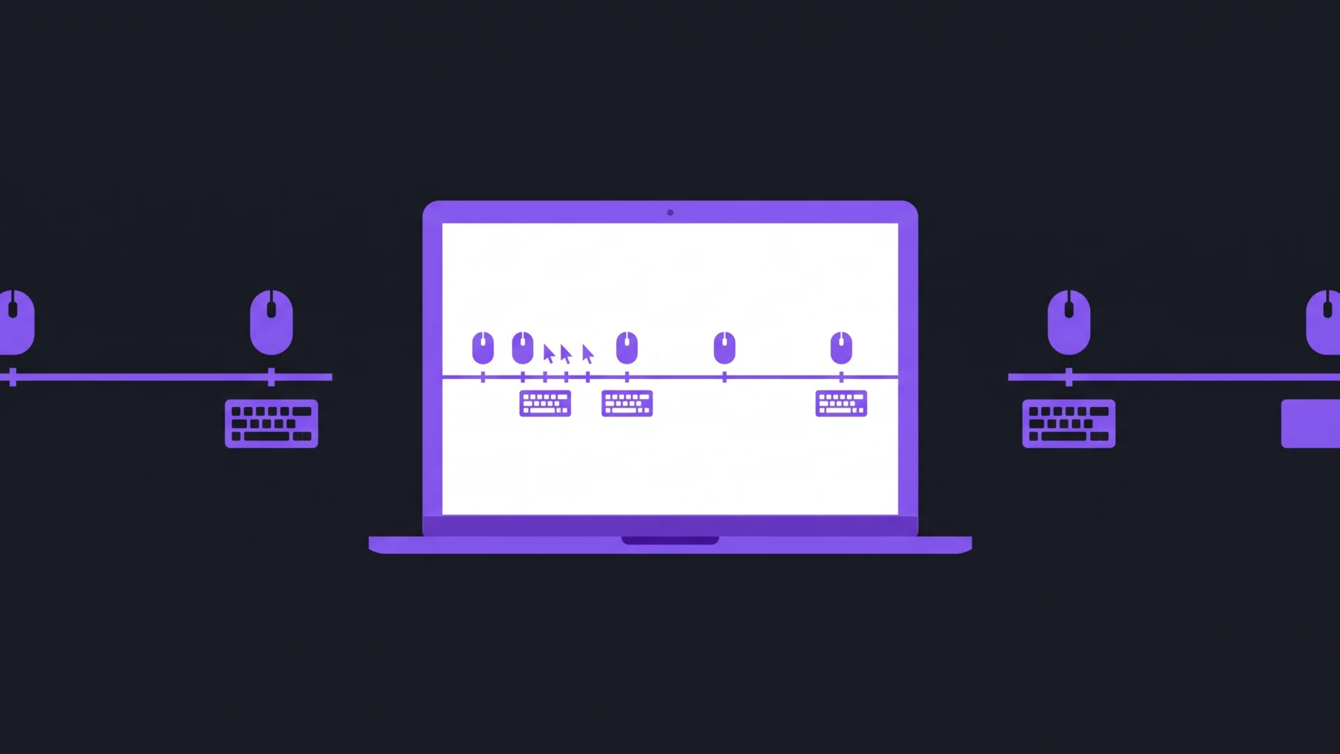 Abstract laptop illustration showing a purple laptop with a white screen and timeline icons (keyboard, mouse) along a horizontal line against a dark background.