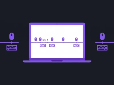 Abstract laptop illustration showing a purple laptop with a white screen and timeline icons (keyboard, mouse) along a horizontal line against a dark background.