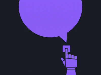Abstract illustration of a large purple speech bubble with a segmented purple arm reaching up against a dark background, symbolizing communication technology.