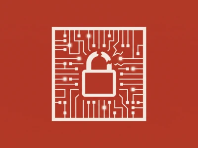 White circuit-board style illustration with a central padlock on a red background, symbolizing cybersecurity.