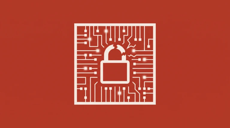 Kłódka w stylu ścieżek scalonych na czerwonym tle, symbolizująca cyberbezpieczeństwo.